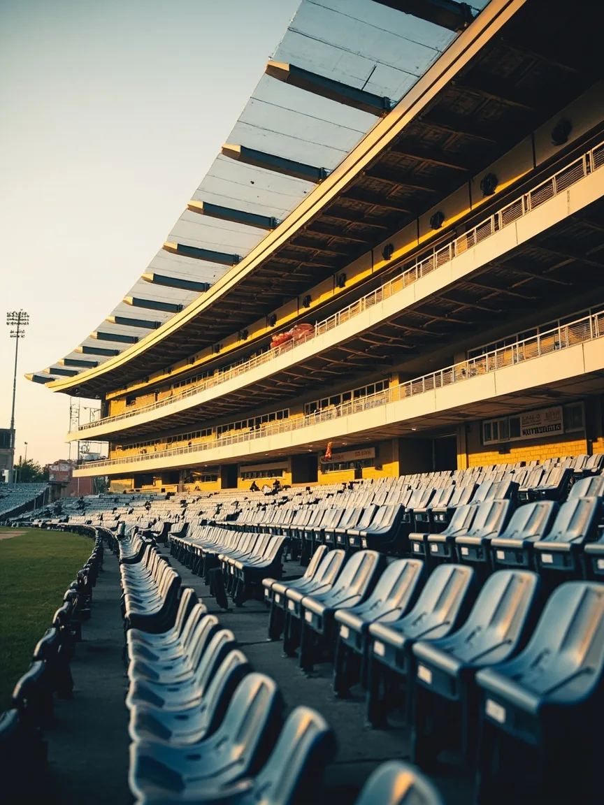 Editorial photograph of an empty international cricket stadium pavilion exterior in daylight for the corrections log card.