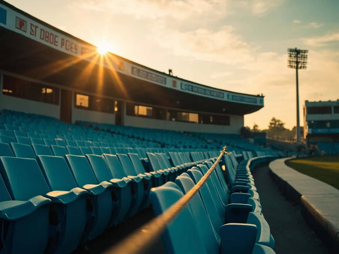 Editorial photograph of a quiet empty cricket stadium stand at golden hour for the captain rail card.