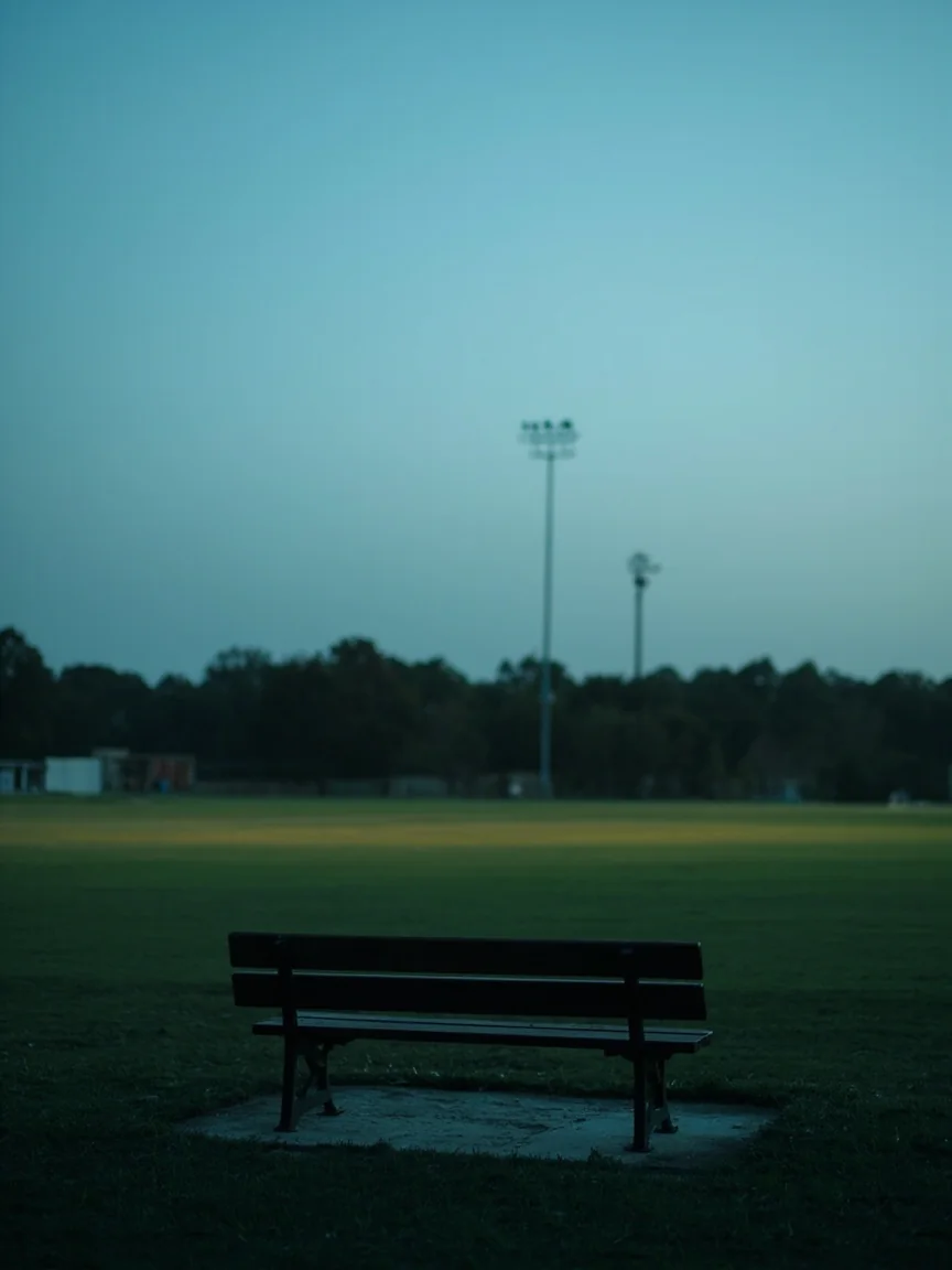 Editorial still of an empty park bench beside a quiet cricket oval at dusk, single floodlight tower off in the distance.