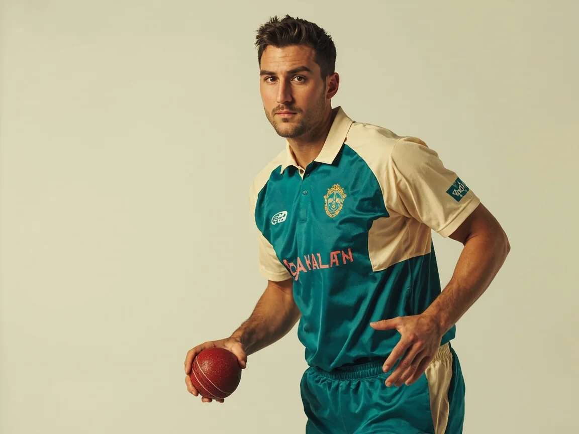 Editorial cutout of a tall seam-bowling all-rounder holding a red cricket ball, soft studio backdrop.