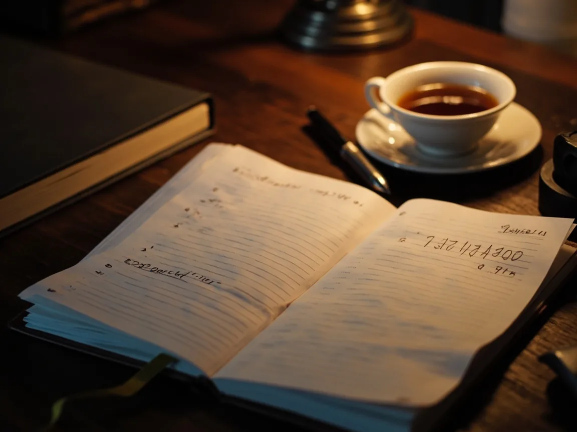 Editorial close-up of an open scorecard notebook on a wooden press table for the points-ledger reading step.