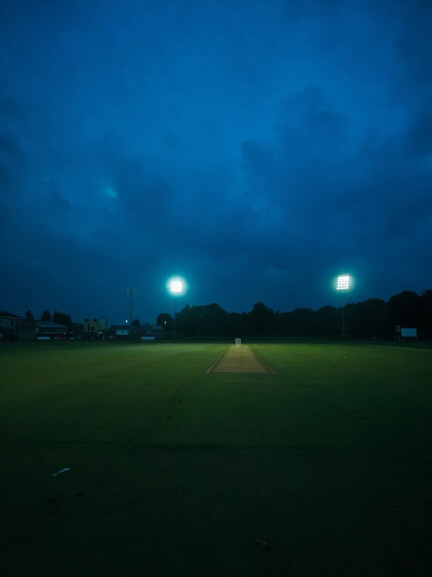 Editorial photograph of a quiet empty cricket pitch under cool evening floodlights for the responsible-play rule card.