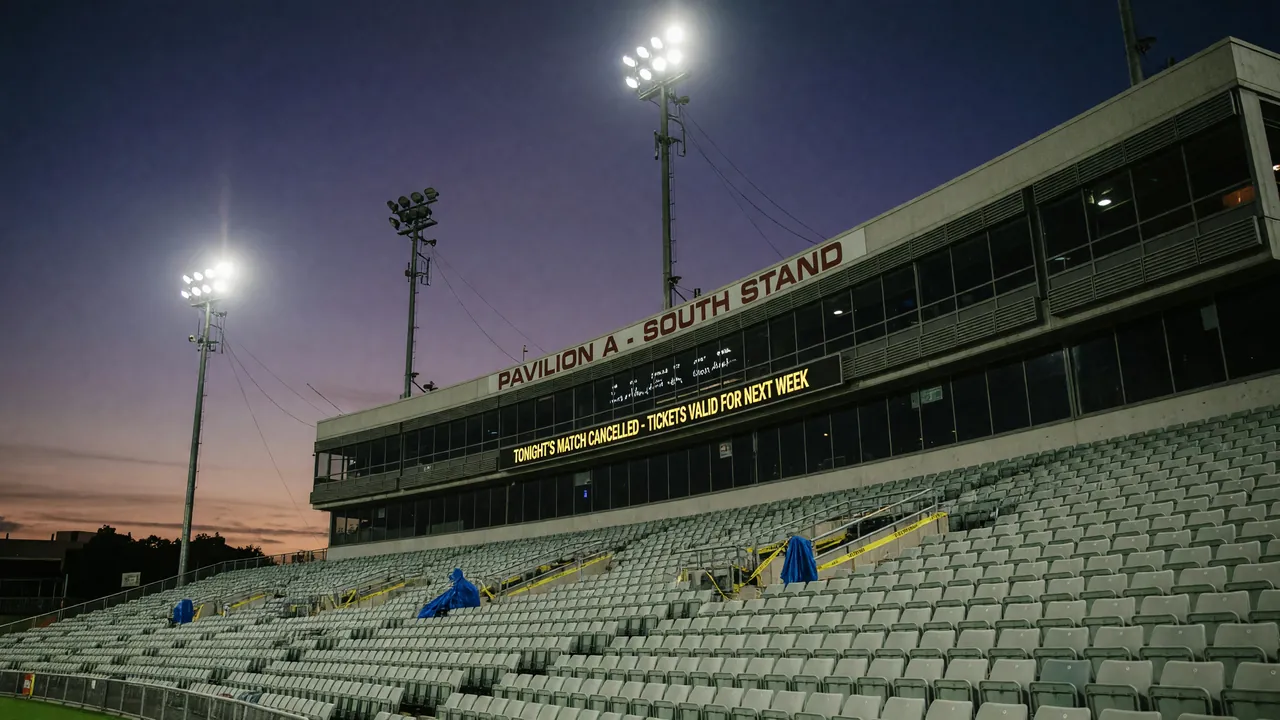 Editorial photograph of a stadium pavilion exterior under floodlights for the responsible-play body.