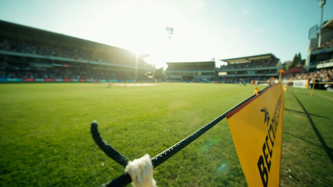 Boundary-rope view of an international cricket stadium with the rope and pitch in the foreground.