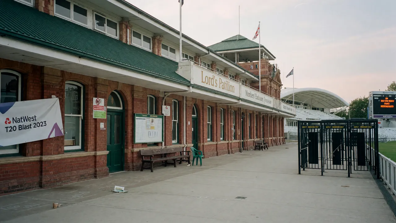Editorial photograph of an international pavilion exterior, single-tier press box, soft daylight — verified-results card.